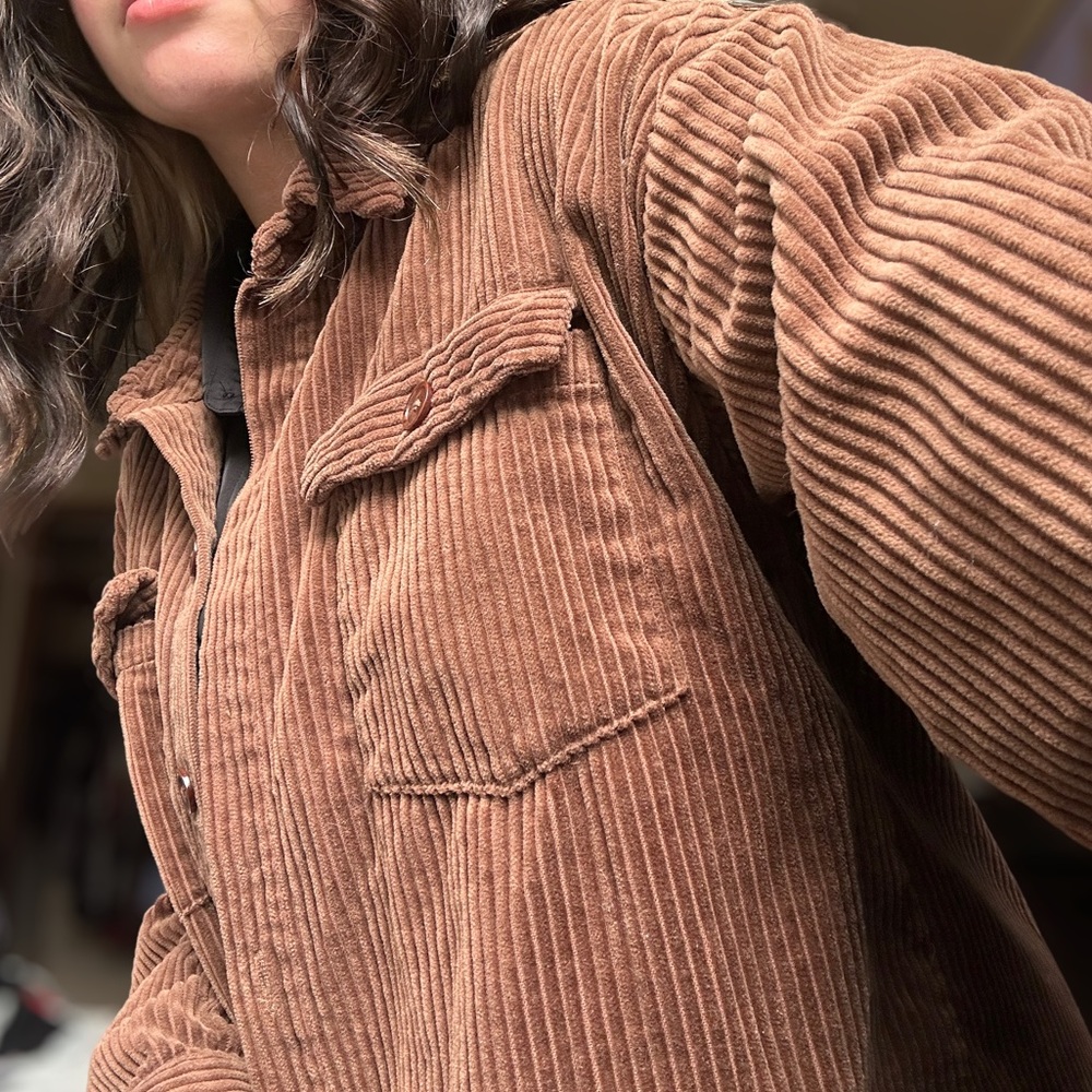 forever 21 contemporary brown velvet ribbed collared jacket button up neutral